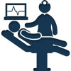 Patient being assessed by doctor icon in blue